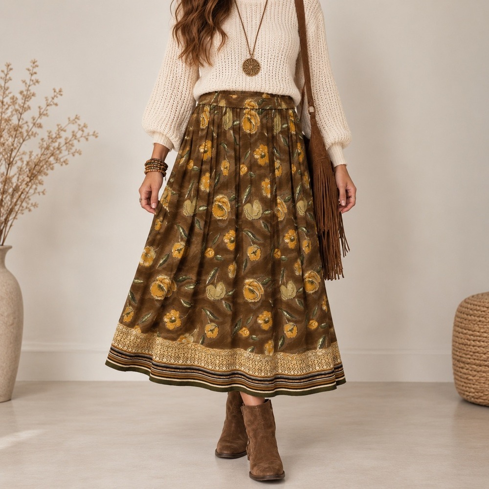 Vermont Country Brown Floral Midi Skirt Elastic Waist M Cottage Granola Grandma